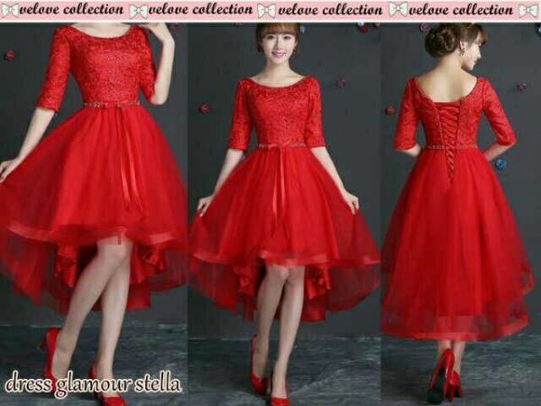 Pakaian Gaun Dress Pesta Brukat Merah Glamor Cantik & Murah