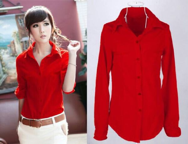 Baju Kemeja Hem Polos Merah Wanita Model Terbaru & Murah