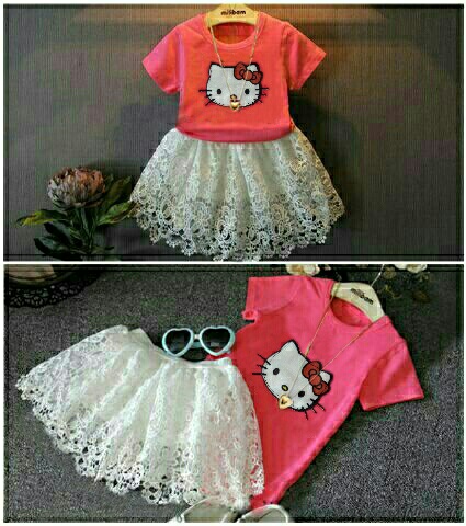 Setelan Baju dan Rok  Mini  Pendek Anak  Perempuan Gambar Hello Kitty RYN Fashion