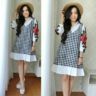 Baju Mini Dress Pendek Fashion Wanita Lengan Panjang Motif Kotak
