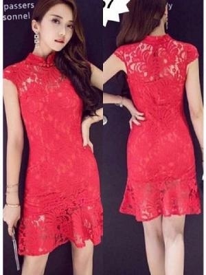 Baju Mini Dress Pendek Bahan Brukat Warna Merah Modern