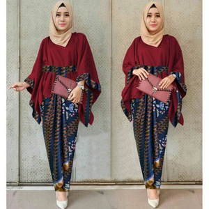 Setelan Baju Kebaya  Batwing dan Rok  Batik  Muslim Panjang 