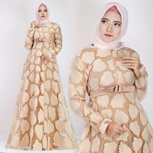  Baju  Gamis  Long Dress Muslim Modern Motif Daun RYN Fashion