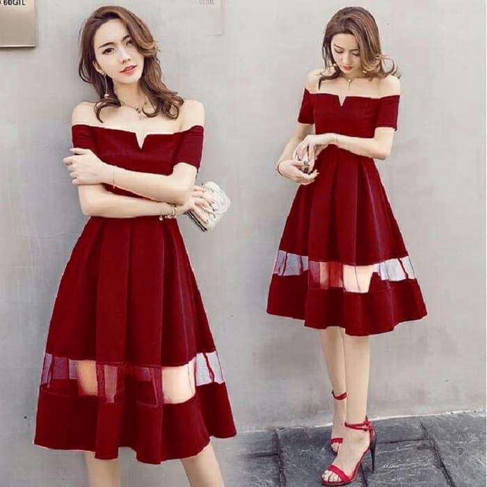 Model Baju Mini Dress Pendek Sabrina Kombinasi  Tile RYN 