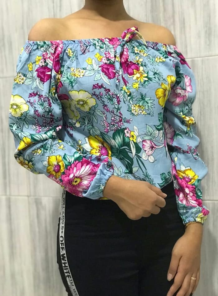  Baju  Atasan Model  Sabrina  Motif Bunga Lengan  Panjang  RYN 
