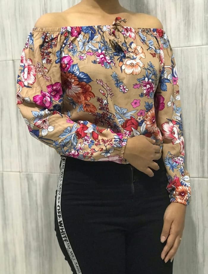  Baju  Atasan Model Sabrina  Motif Bunga Lengan  Panjang  RYN 