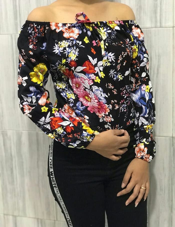  Baju  Atasan  Model  Sabrina Motif  Bunga  Lengan Panjang RYN 