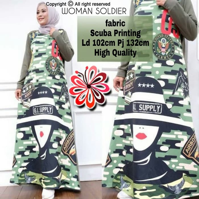 Baju Gamis Long Dress Muslim Motif Army Unik RYN Fashion