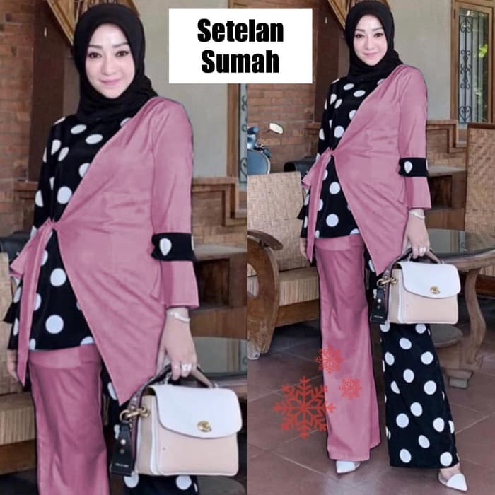 Setelan Baju dan Celana  Panjang  Muslim Polkadot RYN Fashion