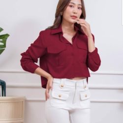 Baju Atasan Wanita Blouse Crop Saku Model Terbaru