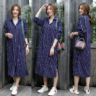 Baju Midi Dress Motif Garis Belang Lengan Panjang