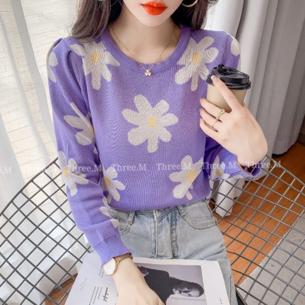 Baju Atasan Knit Top Motif Daisy Lengan Panjang