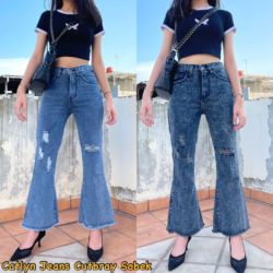 Celana Jeans Panjang Wanita Model Cutbray Sobek