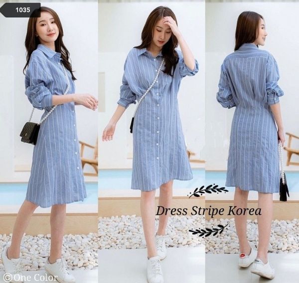 Baju Dress Belang Stripe Korea Model Terbaru