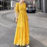 Baju Midi Long Dress Kuning Motif Bunga Cantik