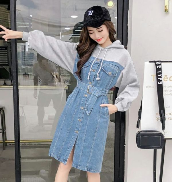 Baju Mini Dress Hoodie Lengan Panjang Modern