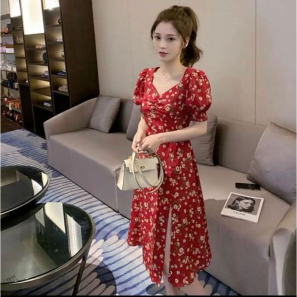 Model Baju Mini Dress Belah Samping Motif