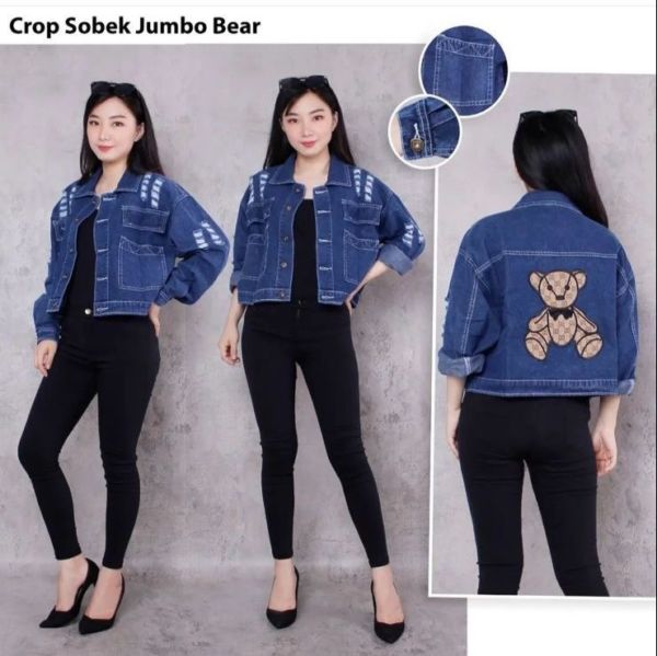 Jaket Jeans Wanita Crop Bordir Beruang Modern