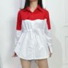 Baju Kemeja Wanita Merah Putih Aplikasi Tali Kerut Modis - Gambar 2
